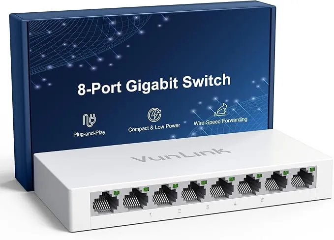 8 Port Gigabit Ethernet Switch β VunLink Unmanaged Network Switch Hub, Desktop Ethernet Splitter, Fanless & Energy Efficient, Plug-and-Play, High-Speed Connection for Home, Office, NAS, Gaming