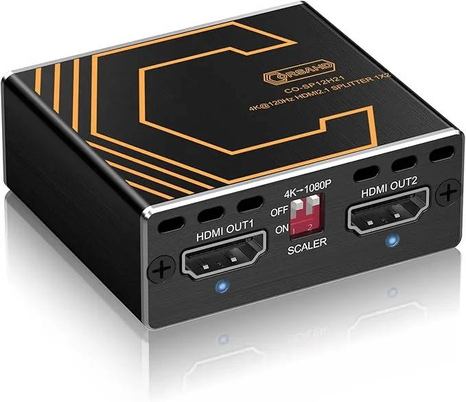 CORSAHD 8K@60Hz 4K@120Hz HDMI 2.1 Splitter 1 in 2 Out,for Soundbar,Capture Card,Graphics Card,48 Gbps,HDCP 2.3,Supports VRR,ALLM,HDCP Bypass,EDID,Duplicate/Mirror/Copy,Downscale,HDR,Dolby Vision Atmos