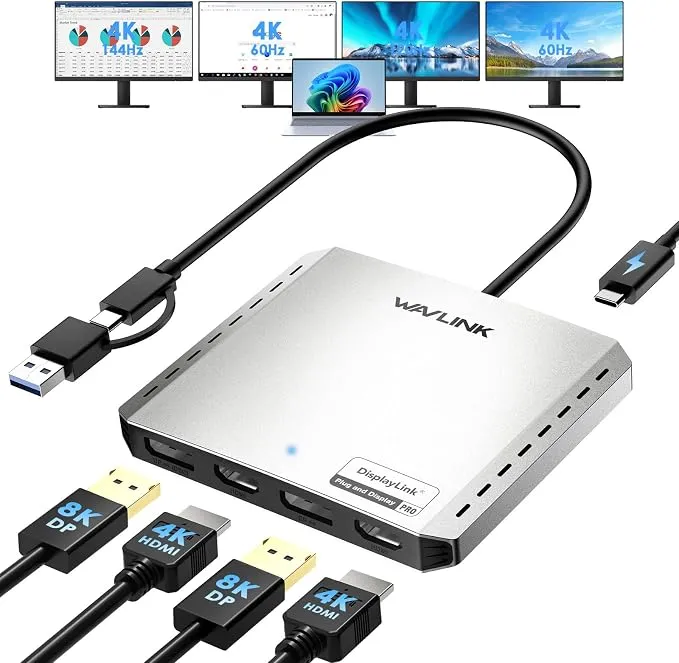 WAVLINK USB-C to HDMI & DisplayPort Adapter for 4 Monitors, Extended Quad Displays for Mac/Windows, Displalink USB C 3.2 to Dual 8K or Quad HDMI 4K@60Hz Splitter, Supports PD 85W Charing for Laptop.