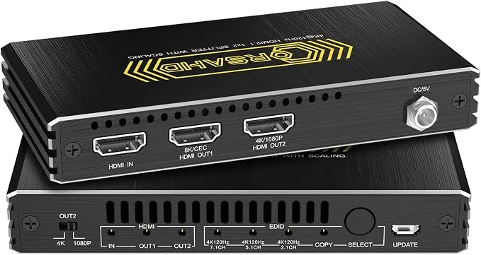 CORSAHD 8K@60Hz 4K@120Hz HDMI 2.1 Splitter 1 in 2 Out,48 Gbps,HDCP 2.3,Supports VRR,ALLM,HDCP Bypass,EDID,Duplicate/Mirror/Copy,Downscale,HDR,Dolby Vision Atmos,Soundbar