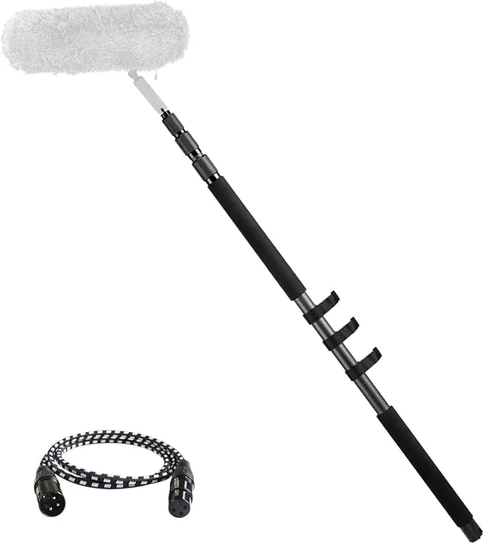 RAUBAY Microphone Boom Arm, 3-Section Extendable Handheld Mic Boom Pole with 1/4" and 3/8" Screw, 3.6ft to 9ft Adjustable Length Carbon Fiber Boom Sticks MA01