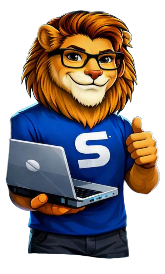 The SidTheTech lion mascot, holding a laptop and giving a thumbs-up